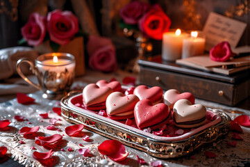 Poster - Heart macarons, roses, and candles create a romantic setting. Petals scattered around enhance the sweet, warm, and loving atmosphere.