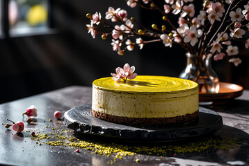 Poster - Delicious yellow cake topped with a delicate pink flower, presented on a dark stone plate with floral branches in the background for a fresh and elegant treat.