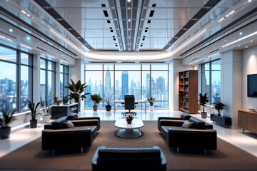 Aufkleber - Modern office interior with a panoramic city view.  Spacious, bright room features large windows, sofas, desk, chair, bookcase, and plants. Contemporary workspace.