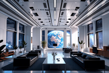 Poster - Sleek futuristic interior featuring a stunning Earth view from space. Modern lounge with minimalist furniture, bright lighting, and large windows.