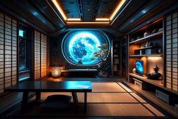 Poster - Futuristic Japanese room with a large round window displaying a planet. Shoji screens and tatami mats create a traditional feel with modern lighting.