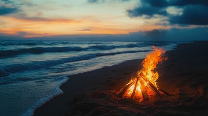 Wall Mural - beach bonfire ocean waves sunset landscape scenic view nature photography
