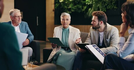 Aufkleber - Collaboration, meeting and tablet with business people in lobby of office for discussion or planning. Documents, conversation and teamwork with employee group in workplace for report or research