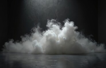 Poster - Abstract studio scene white smoke against black backdrop. Modern dark background with copy space. Perfect for product presentation display promotion advertising. Minimalist space concept for design.