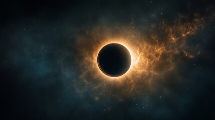 Poster - A dark planet surrounded by glowing nebula clouds in a vast and starry cosmic landscape view scene
