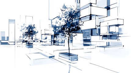 Poster - Abstract Blue and White Cityscape Illustration