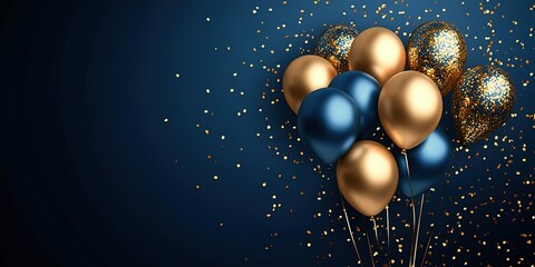 Poster - Vibrant navy blue and gold themed balloon celebration with colorful balloons and glittering confetti, ideal for festive banners, posters, and background designs with space for custom text, 
