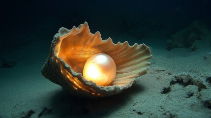 Poster - A giant pearl glowing inside an open clam at the ocean floor
