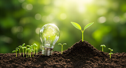 Poster - Young Plant Growth with Light Bulb on Fertile Soil in a Green Background Representing Sustainable Energy