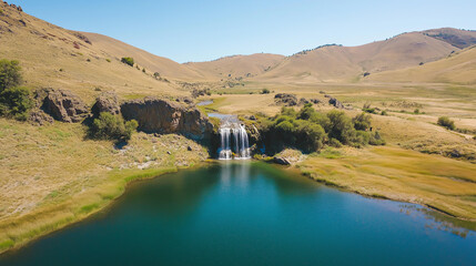Poster - A hidden valley with a rainbow waterfall cascading into a glassy lake.
