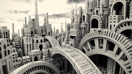 Poster - Monochromatic Cityscape Digital Art with Intricate Architectural Details