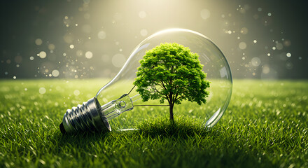 Poster - Single Tree Growing Inside Clear Light Bulb On Green Grass With Soft Lighting And Dreamy Bokeh Background