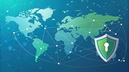 Aufkleber - Digital world map with interconnected lines and a shield symbolizing cybersecurity and data protection.