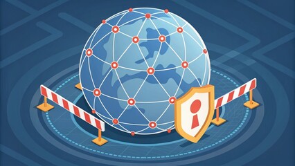 Poster - A digital globe surrounded by a barrier and a shield, symbolizing internet security and protection.
