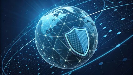 Poster - Digital globe with a shield symbol, representing global cybersecurity and protection in a connected world.
