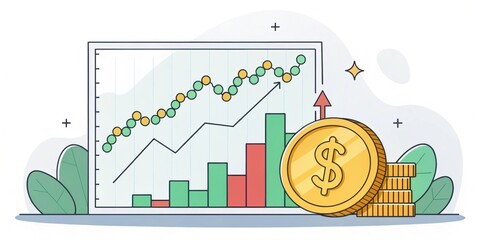 Poster - Graph depicting financial growth with green and red bars, overlaid with coins, symbolizing investment and profit.
