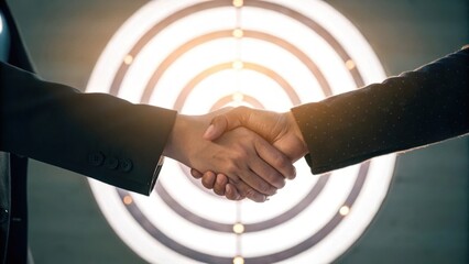 Poster - Two hands shake against a backdrop of concentric circles, symbolizing partnership and collaboration in a professional setting.