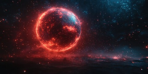 Wall Mural - A red glowing planet in the middle of a black and blue space