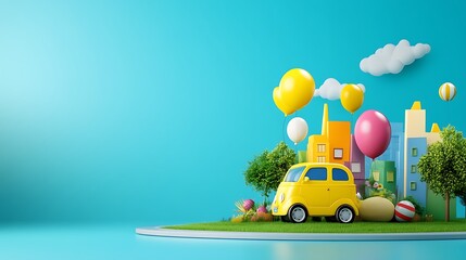 Poster - Whimsical 3D Cityscape with Yellow Car and Balloons
