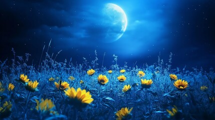 Poster - A mesmerizing sunflower field, petals glowing under soft moonlight.