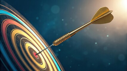 Poster - A dart hitting the bullseye of a colorful dartboard, symbolizing precision and achievement in a dynamic atmosphere.