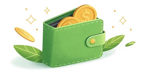Poster - A green wallet overflowing with coins, surrounded by leaves and sparkling elements, symbolizing wealth and prosperity.