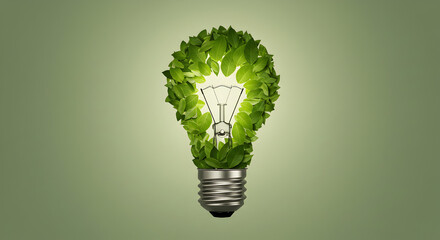 Poster - Luminous Lightbulb Covered in Green Leaves Symbolizing Renewable Energy and Environmental Awareness on Soft Green Background