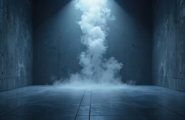 Poster - Empty dark blue cement floor, studio room with smoke floating up. Interior texture, wall background, spotlights, laser light create digital future technology concept.