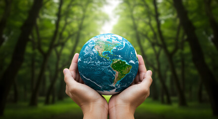 Poster - Hands Holding Earth Globe with a Green Forest Background Showing Protection and Environmental Awareness