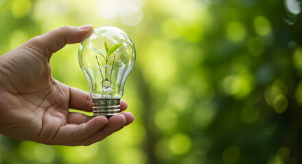 Poster - Hand Holding Light Bulb with Sprout Against Green Bokeh Background Representing Renewable Energy