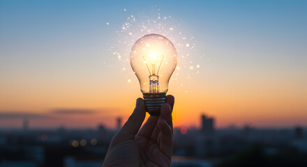 Poster - Hand Holding Glowing Lightbulb Against Vivid Orange Sunset Sky Over Cityscape