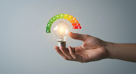Poster - Hand Holding Glowing Light Bulb with Energy Efficiency Rating Scale on Grey Background