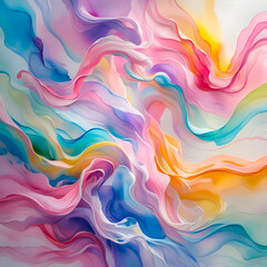 Wall Mural - Abstract digital fluid flowing watercolor wallpaper. Colorful smooth wavy background in a harmonious palette of bright pink, purple, blue, yellow, turquoise shade of ink.