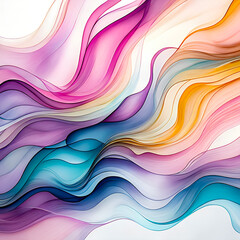 Wall Mural - Abstract digital fluid flowing watercolor wallpaper. Colorful smooth wavy background in a harmonious palette of bright pink, purple, blue, yellow, turquoise shade of ink.