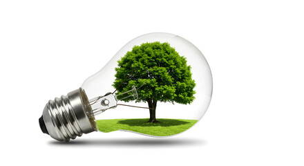 Poster - Green Tree Inside Lightbulb on White Background Symbolizes Clean Energy and Environmental Conservation