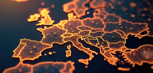 Leinwandbilder - Europe map with glowing connections. Digital transformation, global connectivity, networking, data transfer. Orange lines, dots on a dark background, representing technology, business.