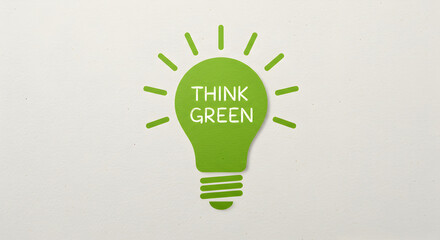 Poster - Green Light Bulb with Think Green Text on Beige Paper Background Representing Eco Conscious Energy Solutions