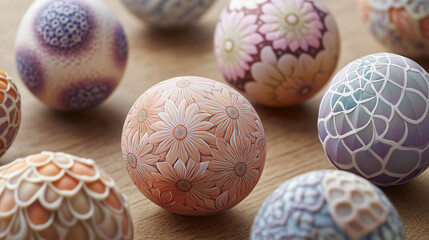 Poster - Close-up of intricately carved floral spheres, showcasing pastel peach, purple, and lavender tones.  The image conveys artistry, craftsmanship, and delicate beauty, suitable for design inspiration.