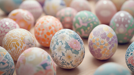 Fototapete - Close-up of pastel floral-patterned Easter eggs, showcasing a spring-like aesthetic, symbolizing new beginnings, celebration, and springtime joy