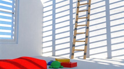 Poster - Bright, modern space with shadows created by blinds, colorful toys, and a wooden ladder against white walls.