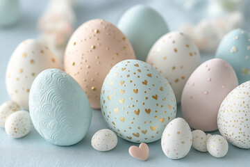 Fototapete - close-up of pastel-colored easter eggs, decorated with gold hearts and dots, arranged on a light-blu
