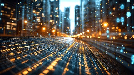 Poster - Digital City Street at Night Futuristic Data Network Technology