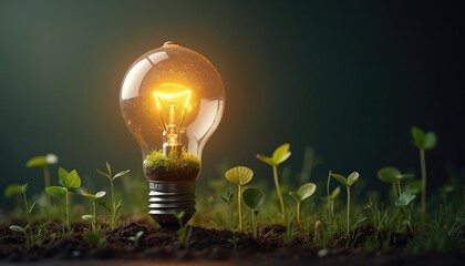 Poster - Ai-generated illustration featuring glowing lightbulb with growing plants inside. Eco tech symbol for green energy sustainable resources. Eco-friendly concept represents future of energy innovation,