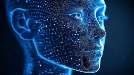 Poster - Digital human face profile, futuristic wireframe