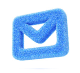 Poster - 3d blue fur fluffy envelope icon render. Furry outline closed letter. Cute plush and shaggy email message with hair texture. Soft fuzzy wool mail notification, isolated design element. 3D illustration