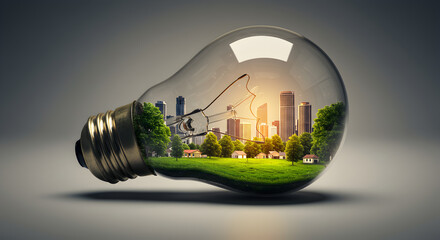 Poster - Cityscape In Light Bulb Surrounded By Greenery Depicting Sustainability and Future Technologies