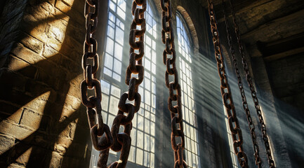 Poster - Chains sunlight window shadows brick wall industrial interior dramatic light