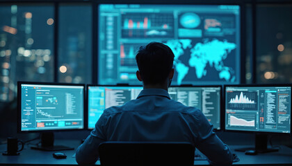 Poster - Cybersecurity expert monitors networks in control room. Displays on screens info. Man at work in modern office center. Data analysis, tech monitoring, computer surveillance and information protection.