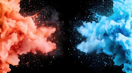 Fototapete - Abstract vibrant watercolor splashes in red and blue hues create a dynamic and playful artistic composition perfect for digital art projects or high-resolution backgrounds.