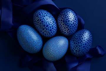 Fototapete - Five blue patterned eggs rest on a dark blue satin ribbon, creating a sophisticated and elegant Easter scene